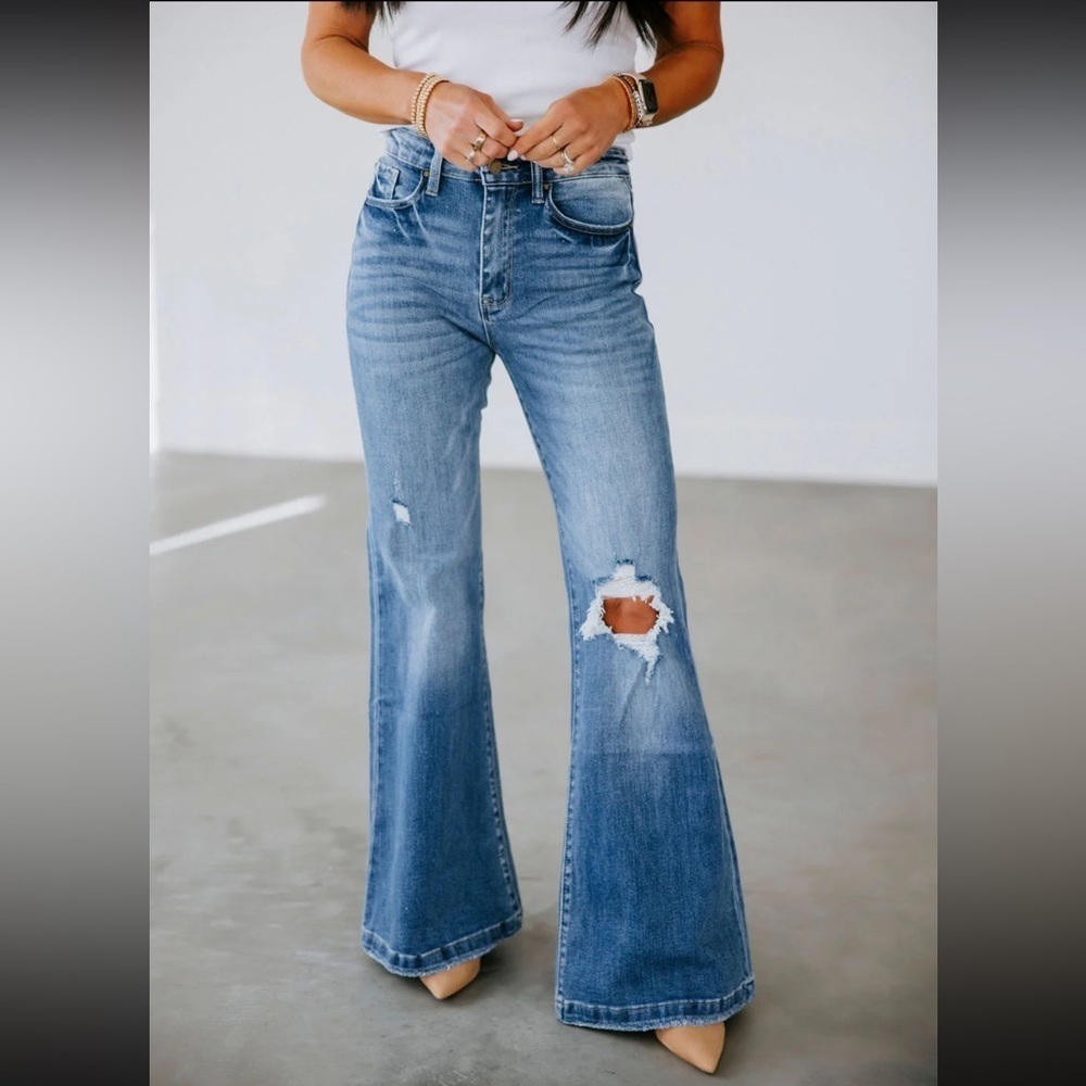 Petra Flare Jeans Size 13/30 Medium Wash High Rise Distressing Stretch
